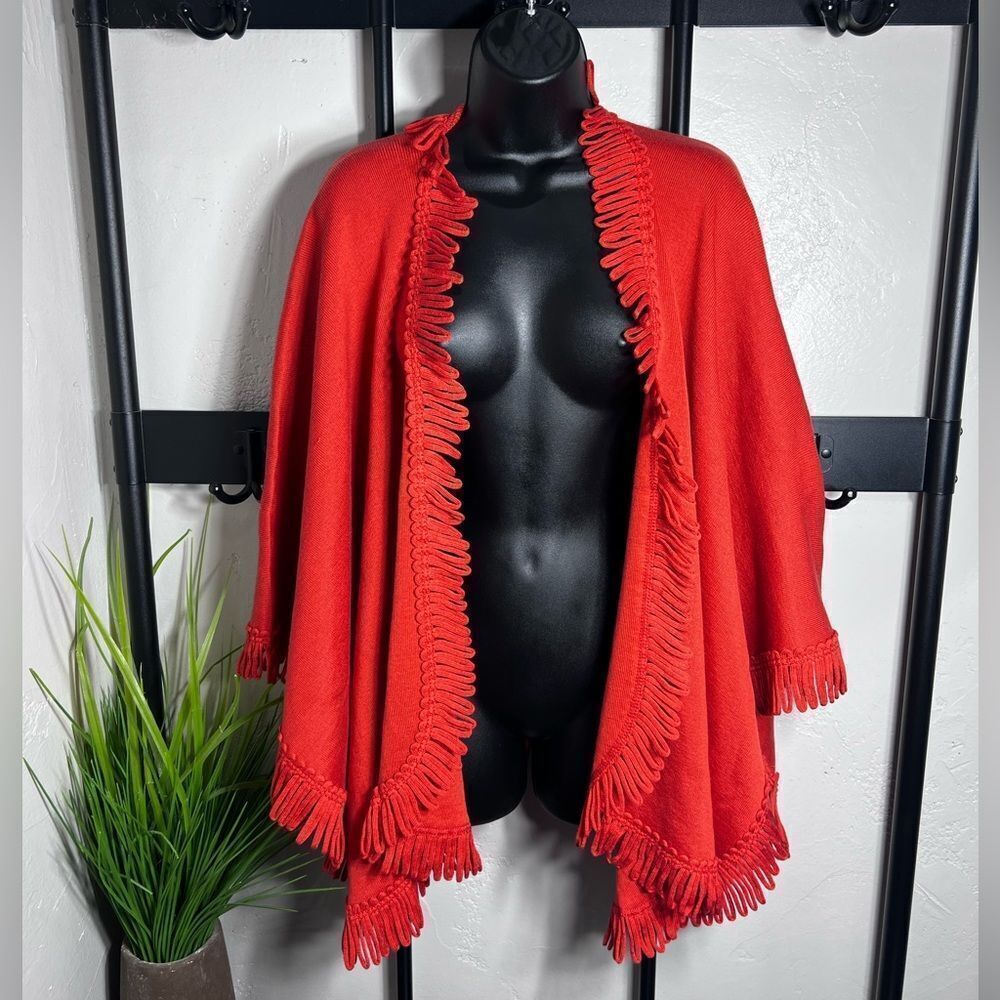 Coldwater Creek Fringe Ruana wrap open-front cardigan Rust One Size